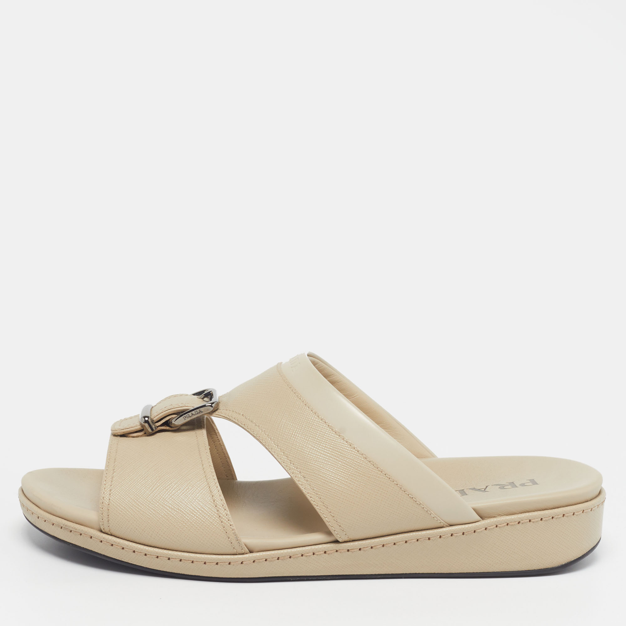 

Prada Size 44.5 Cream Leather Double Strap Flat Sandals