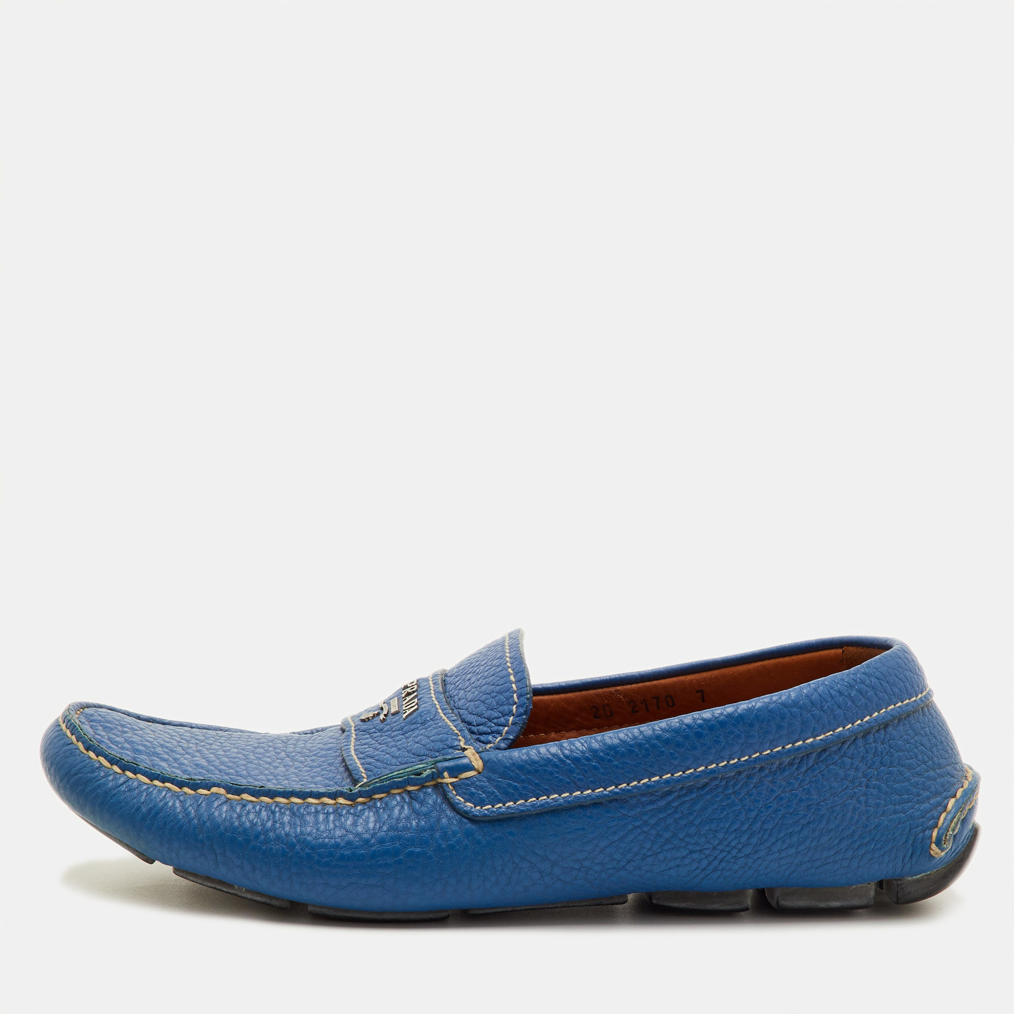 

Prada Size 41 Blue Leather Logo Slip On Loafers