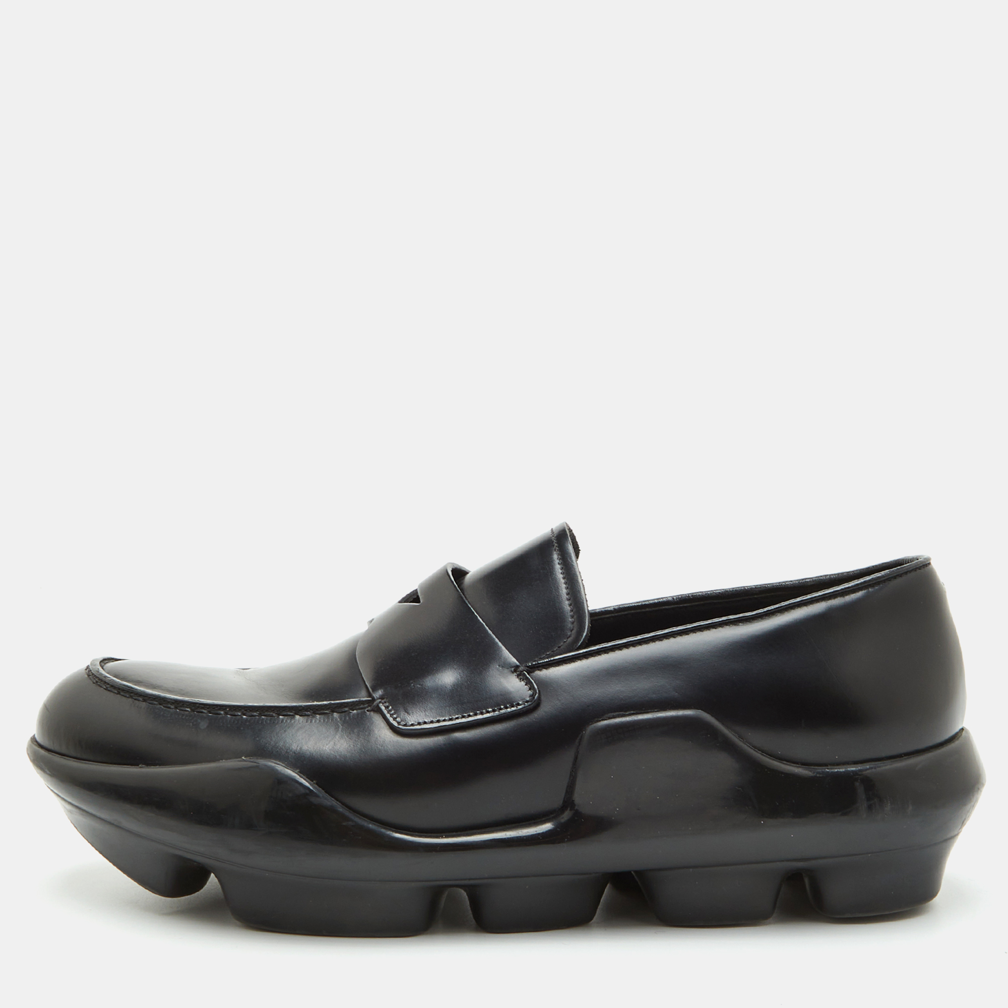

Prada Size 42.5 Black Brushed Leather Slip On Loafers