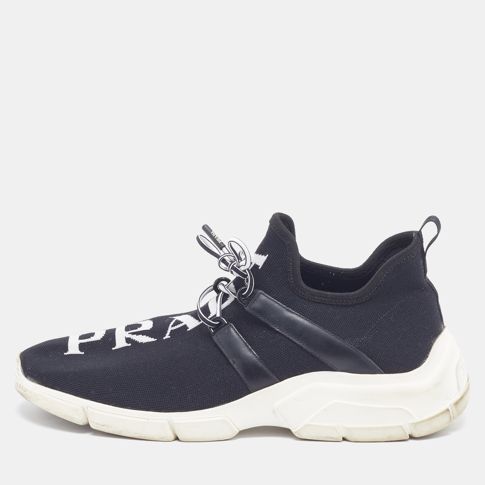 

Prada Size  Black Knit Fabric and Leather Logo Low Top Sneakers