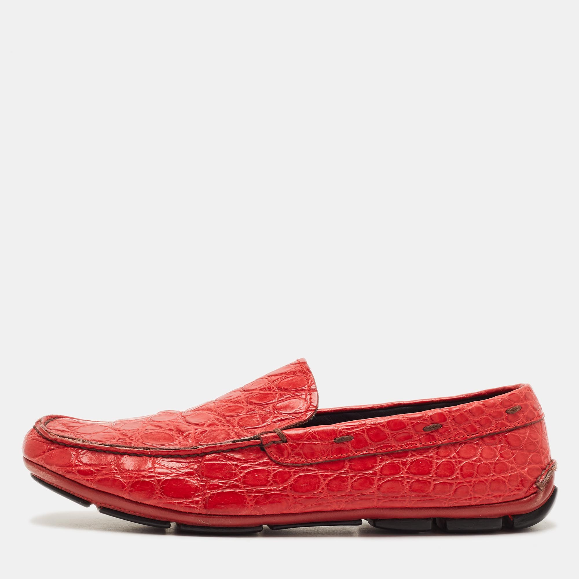 

Prada Size 45 Red Crocodile Leather Slip On Loafers