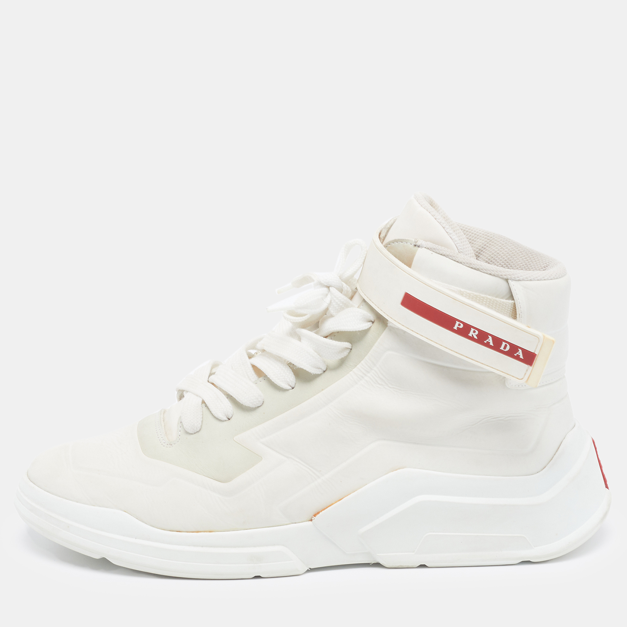 

Prada Polarius Size 45 Two Tone Leather and Nubuck Leather High Top Sneakers, White