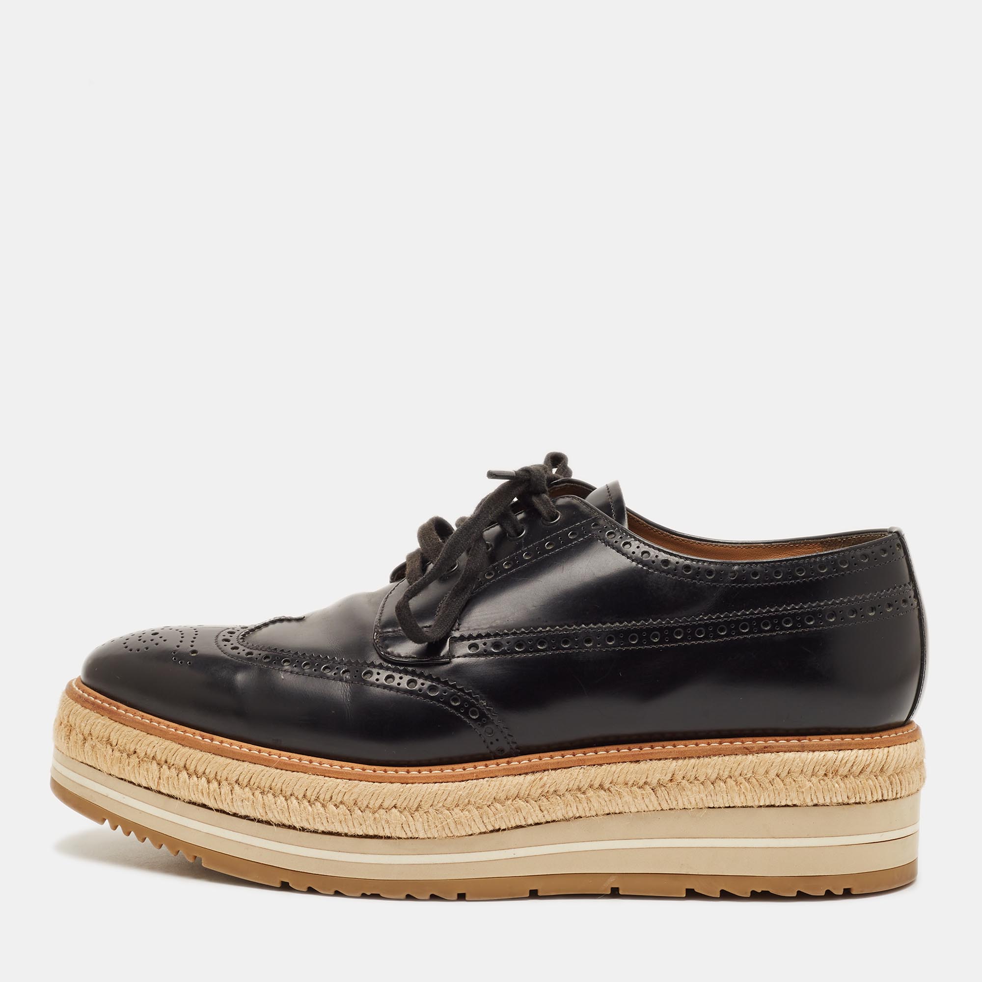 

Prada Size 44 Black Leather Espadrille Derby