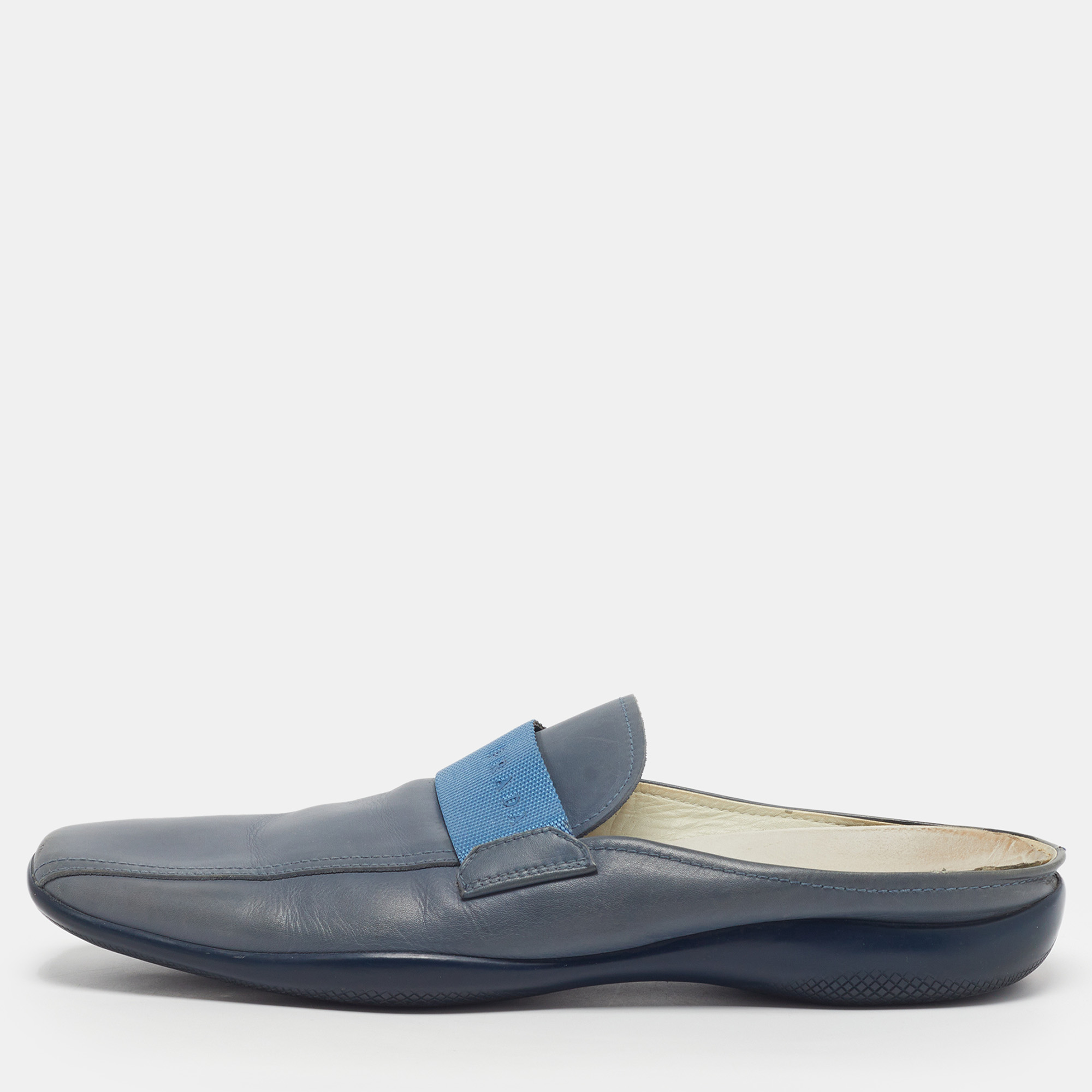 

Prada Size 45 Blue Leather Logo Ribbon Flat Loafer Mules