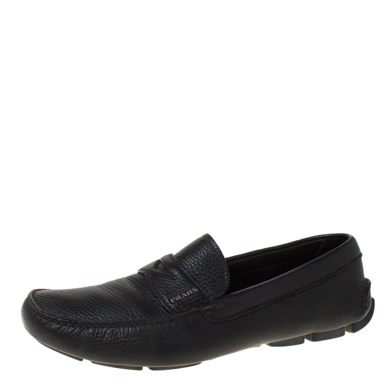 Pre Owned Prada Black Leather Penny Slip On Loafers Size 43.5