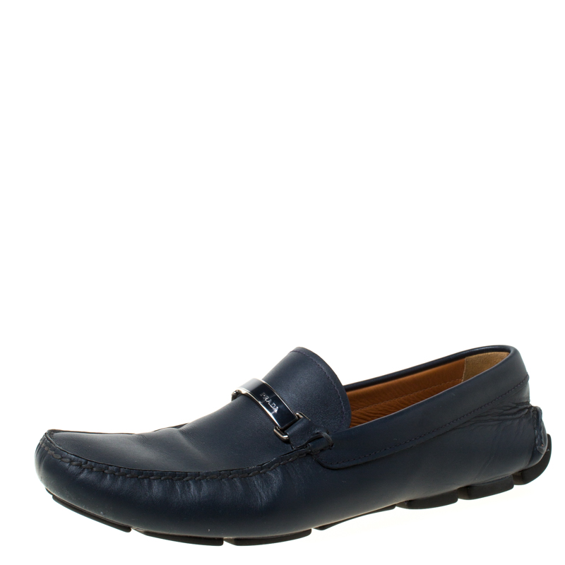 Pre Owned Prada Blue Leather Slip On Loafers Size 43.5