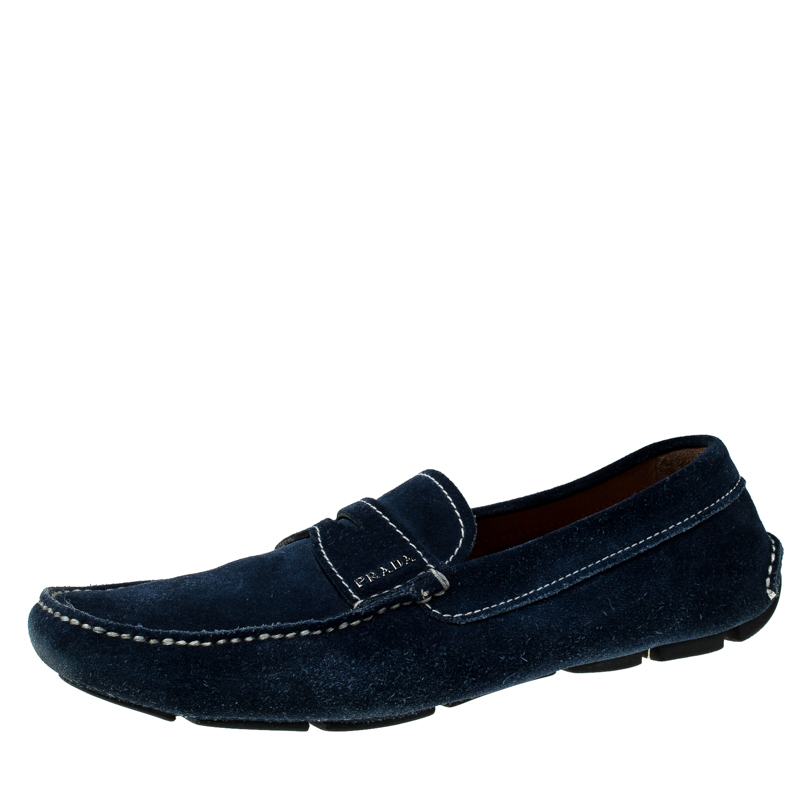 Pre Owned Prada Blue Suede Penny Slip On Loafers Size 42