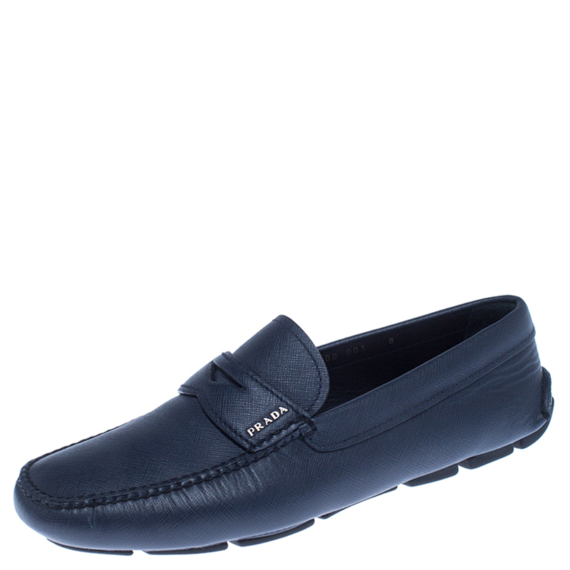 Pre Owned Prada Blue Leather Penny Slip On Loafers Size 42
