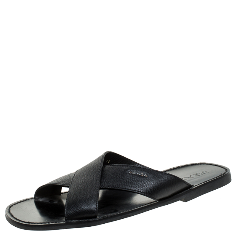 Prada Black Saffiano Leather Criss Cross Flat Slides Size 44 Prada | TLC