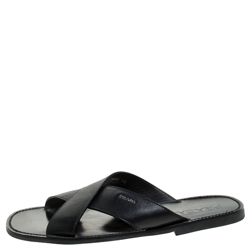 

Prada Black Saffiano Leather Criss Cross Flat Slides Size