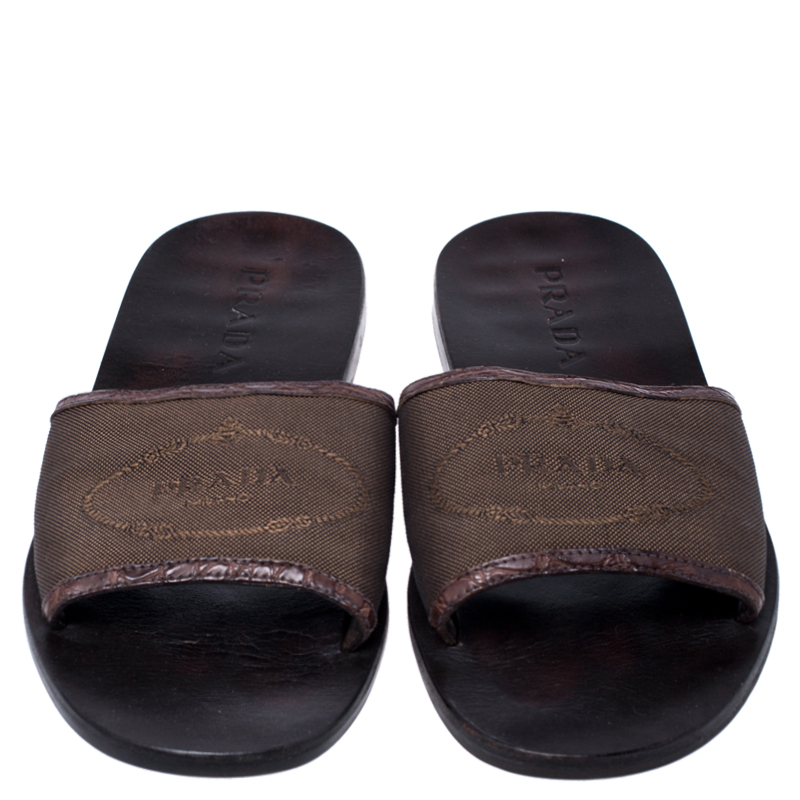Pre-owned Prada Brown Canvas Flat Slides Size 41