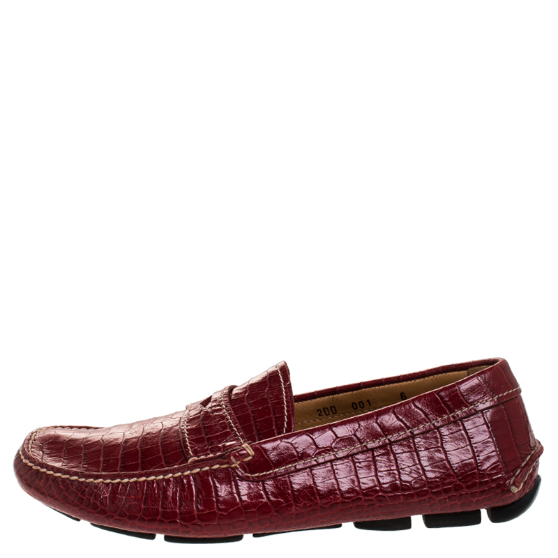 

Prada Red Croc Embossed Leather Penny Loafers Size