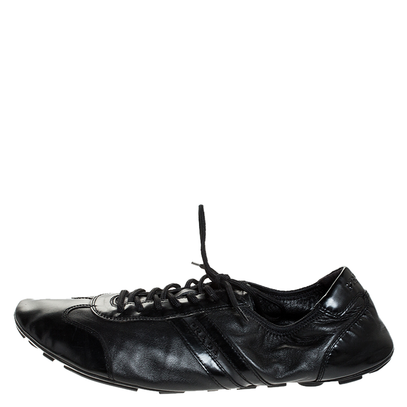 Pre-owned Prada Black Leather And Patent Leather Lace Up Sneakers Size 41