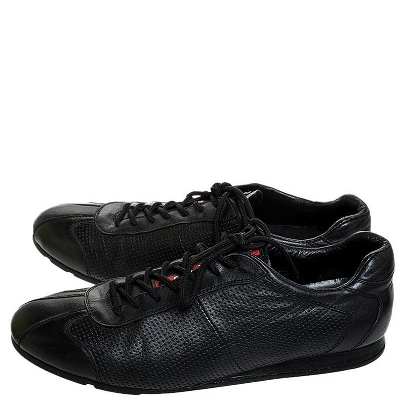 Pre-owned Prada Sport Black Perforated Leather Lace Up Low Top Trainers Size 41.5