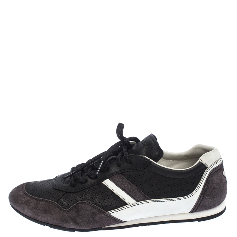

Prada Sport Black Perforated Leather And Suede Lace Up Low Top Sneakers Size