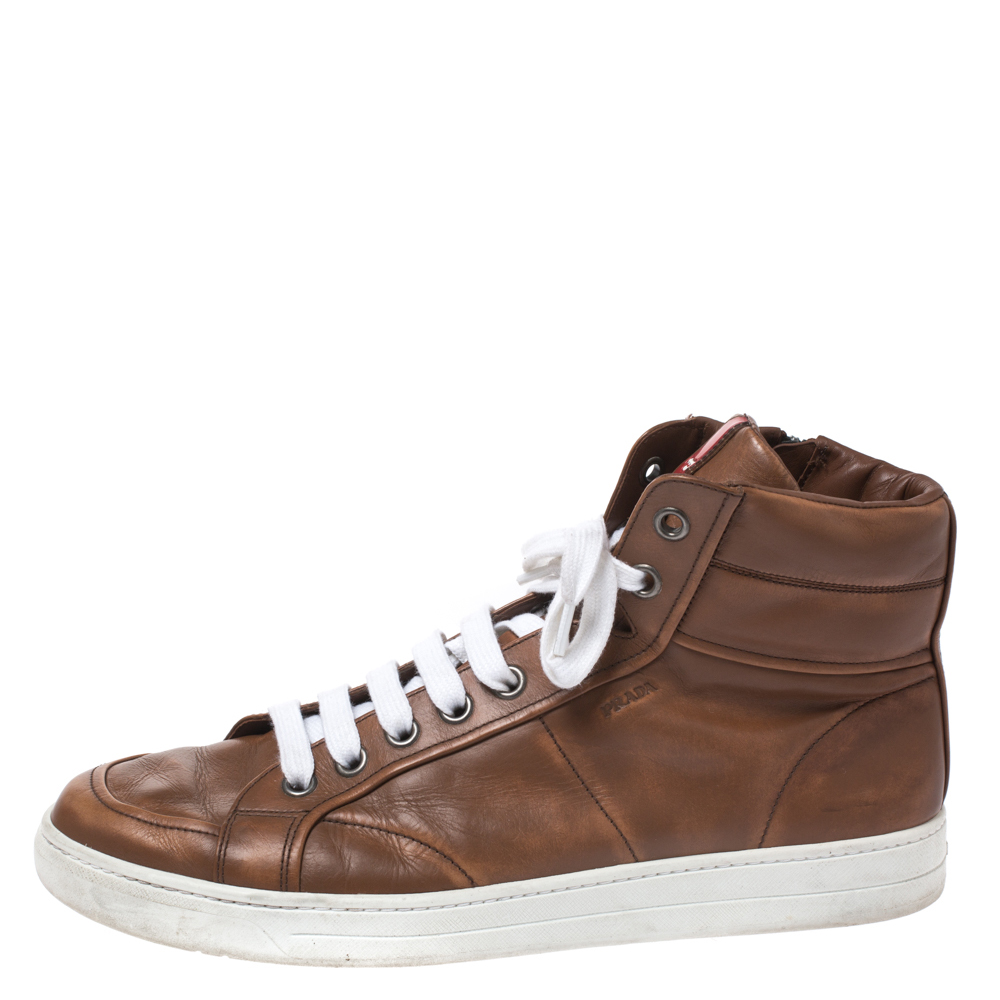 

Prada Sport Brown Leather High Top Lace Up Sneakers Size