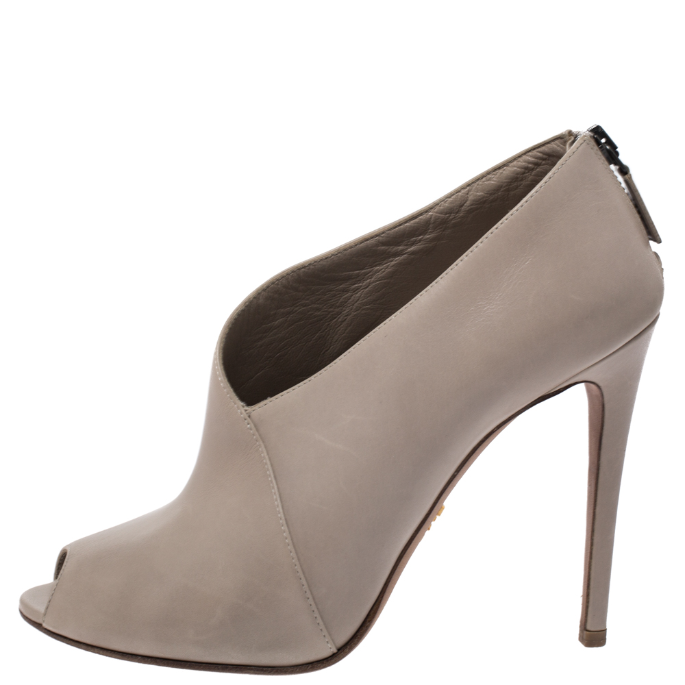 

Prada Grey Leather Asymmetric Peep Toe Ankle Booties Size