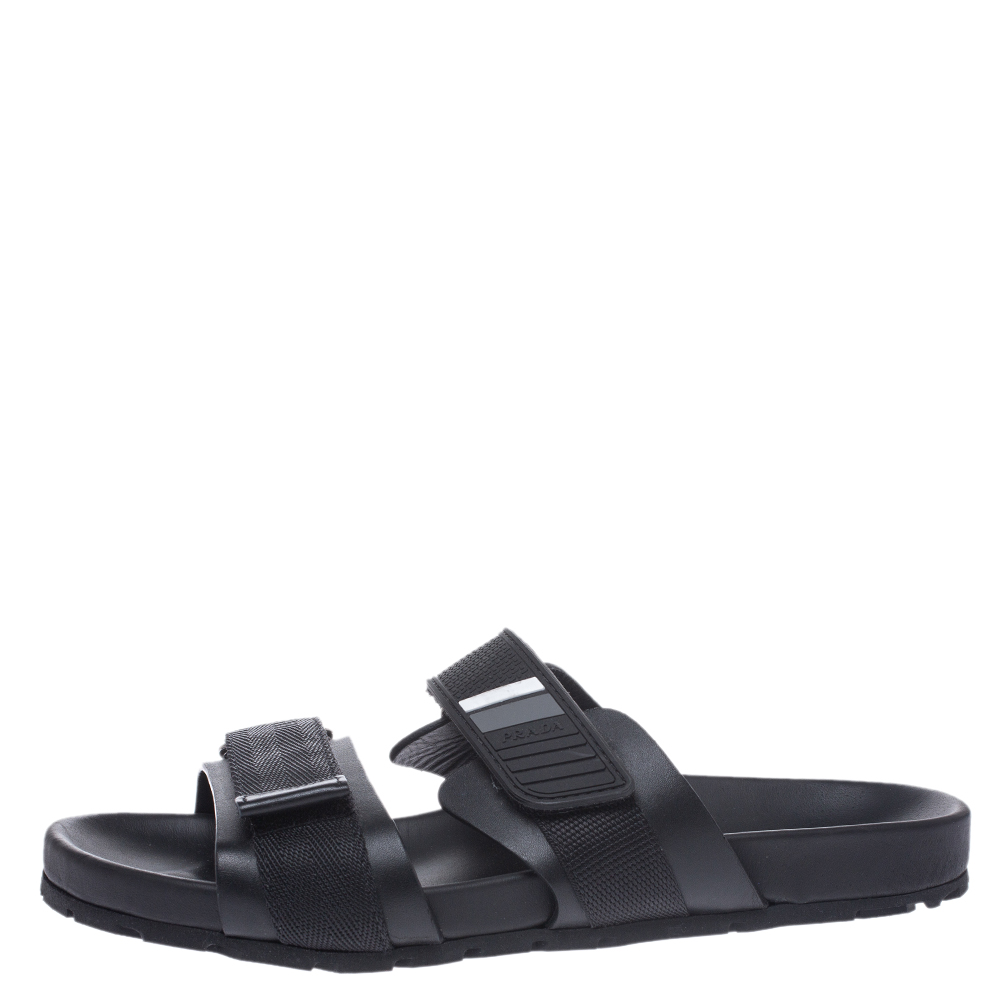 

Prada Black Leather And Nylon Velcro Flat Slides Size