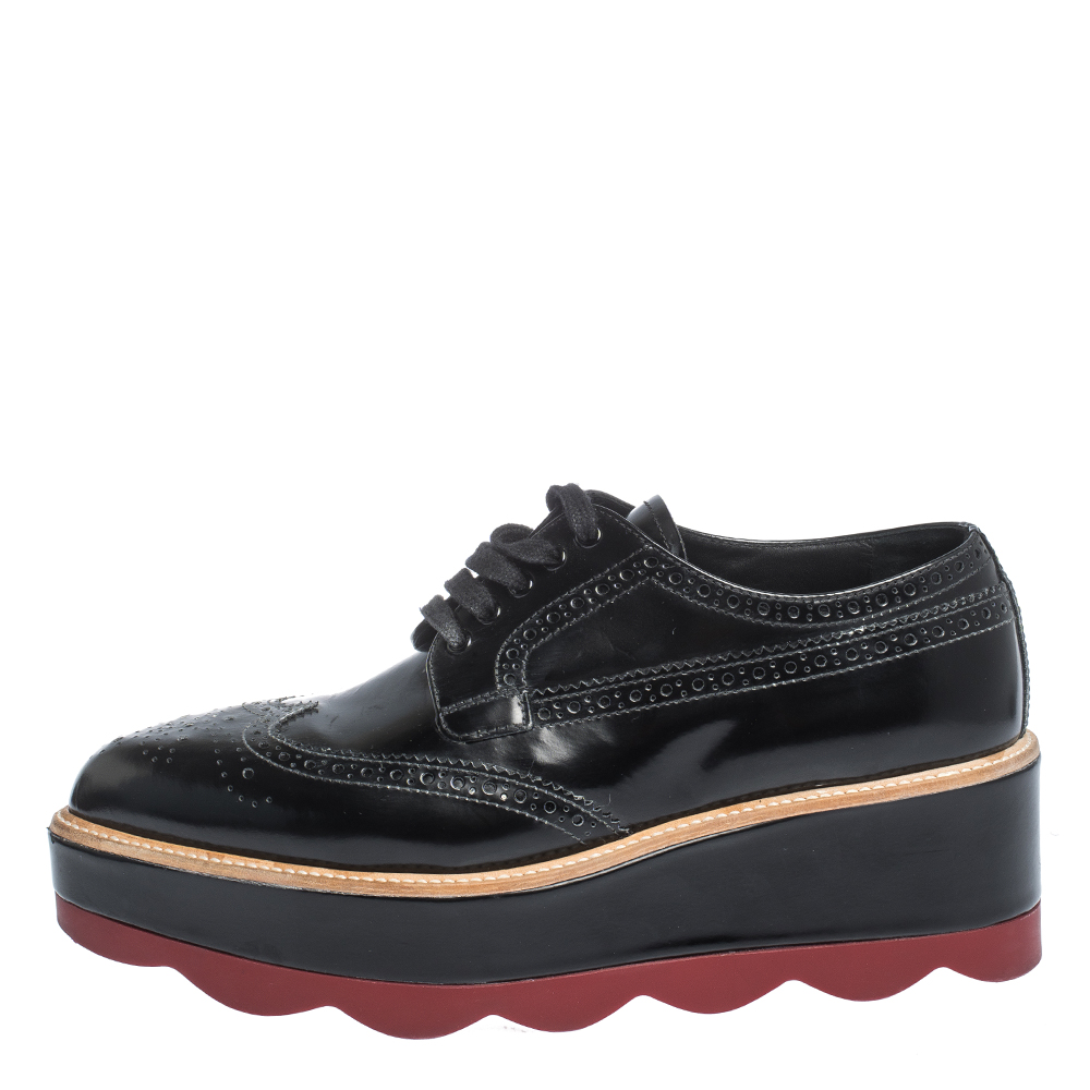 

Prada Black Brogue Leather Wave Wingtip Platform Derby Sneakers Size