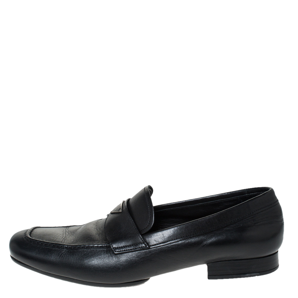 

Prada Black Leather Logo Embellished Slip On Loafers Size