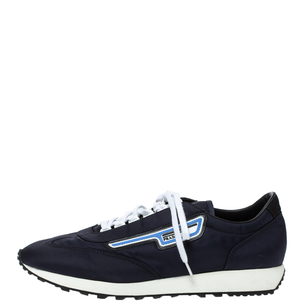 

Prada Dark Blue Nylon Logo Embellished Lace Up Sneakers Size