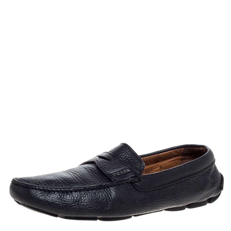 

Prada Black Leather Driver Penny Slip On Loafers Size 42