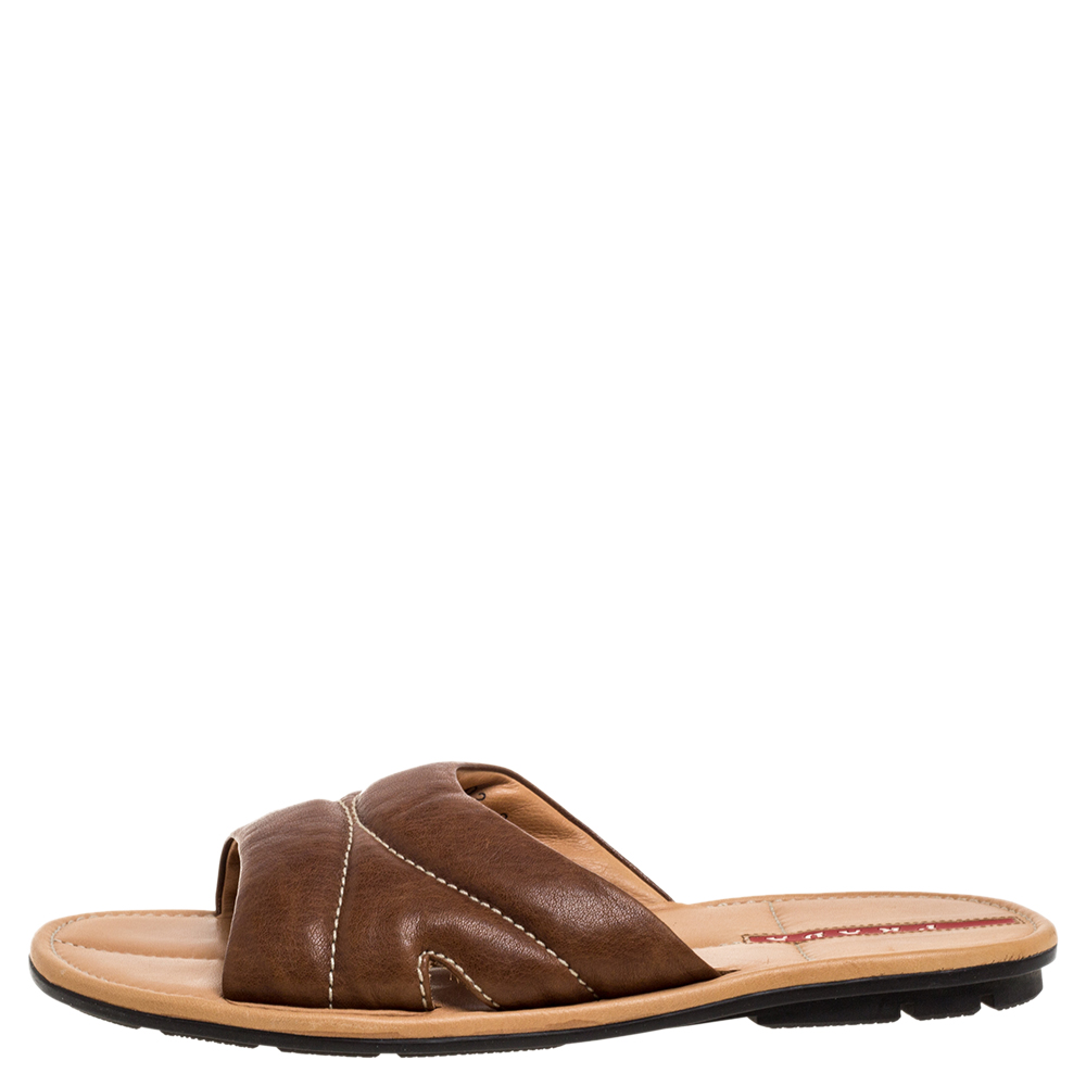 

Prada Sports Brown Leather Flat Slide Sandals Size