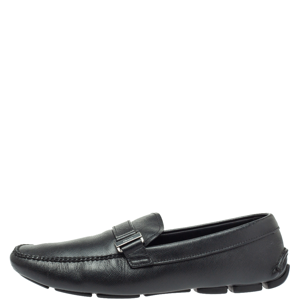 

Prada Black Leather Logo Buckle Slip On Loafers Size