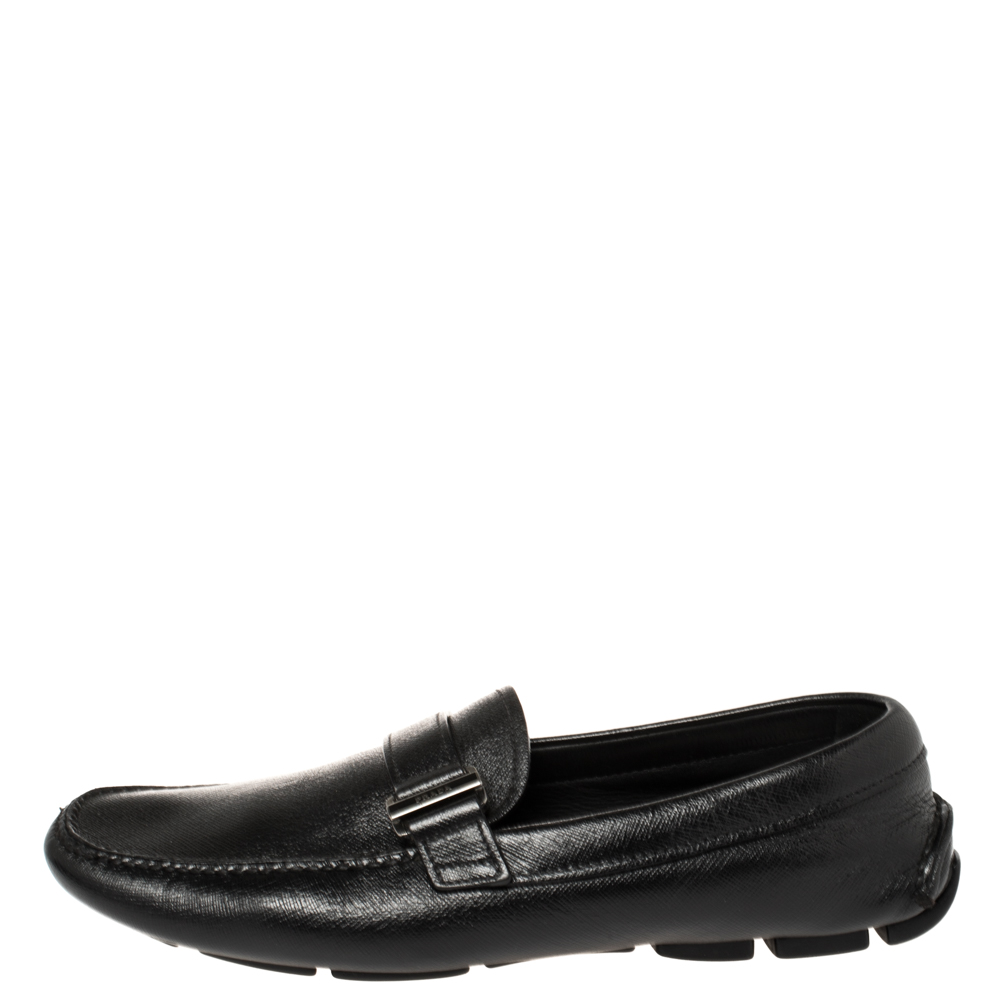

Prada Black Leather Buckle Detail Loafers Size