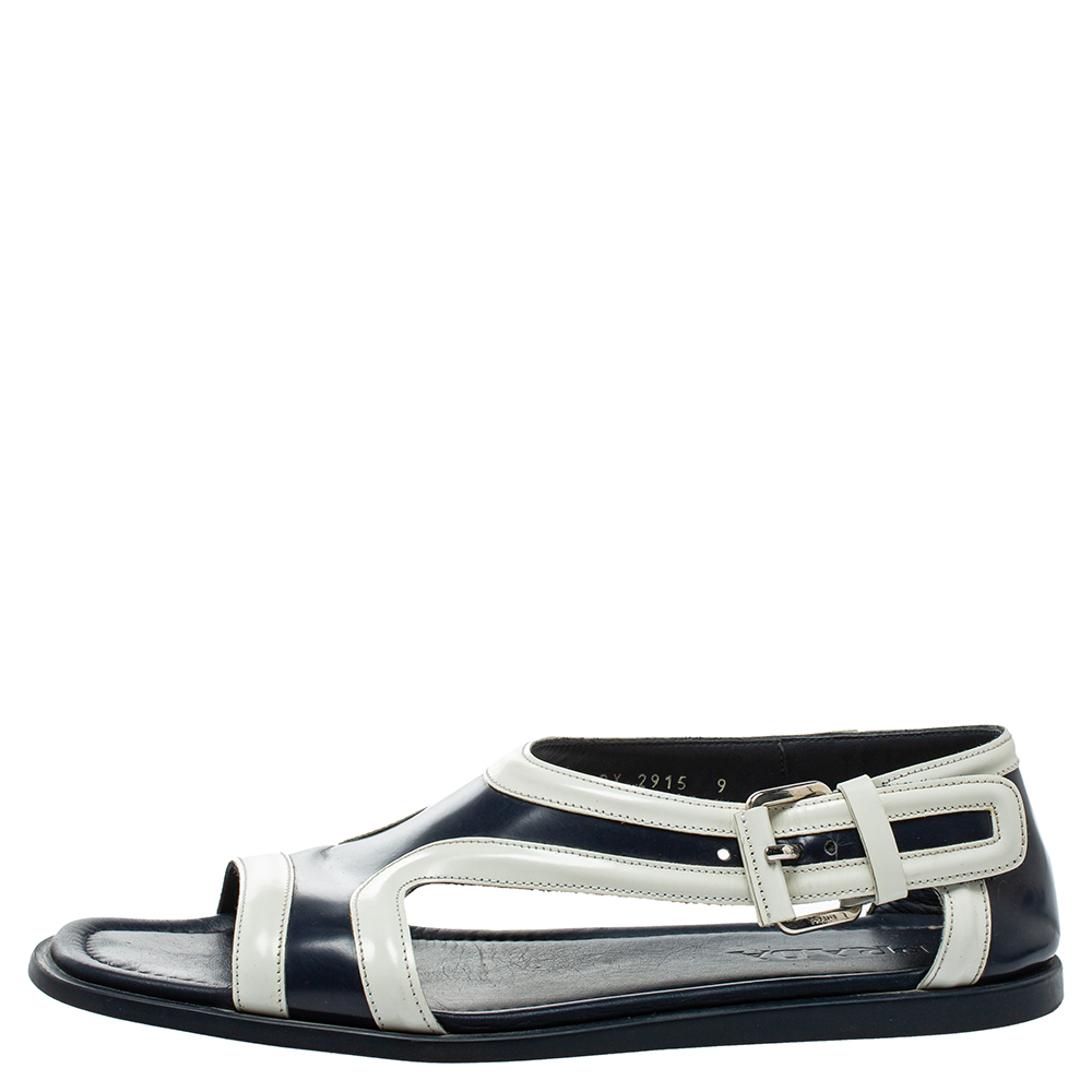 

Prada Blue/White Leather Cutout Slide Sandals Size