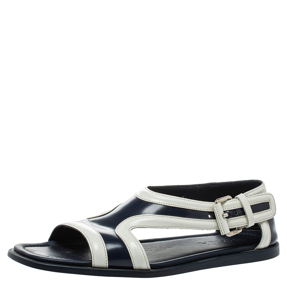 Pre-owned Prada Blue/white Leather Cutout Slide Sandals Size 43