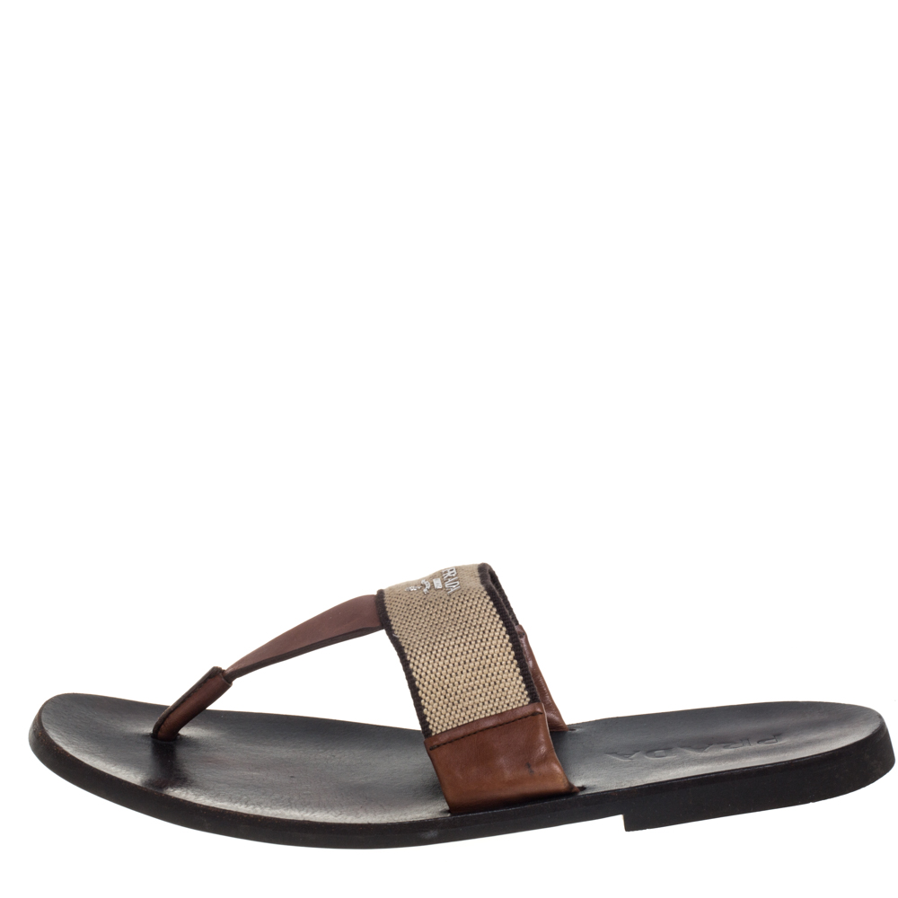 

Prada Brown Leather And Fabric Thong Sandals Size