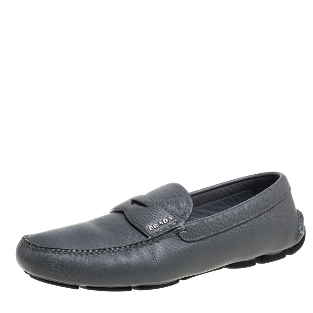 Pre-owned Prada Grey Leather Slip On Loafers Size 41