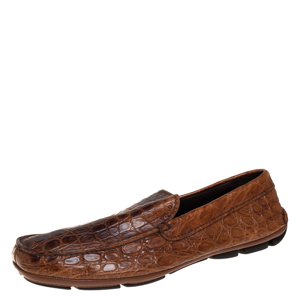 Pre-owned Prada Brown Croc Leather Slip On Loafers Size 42