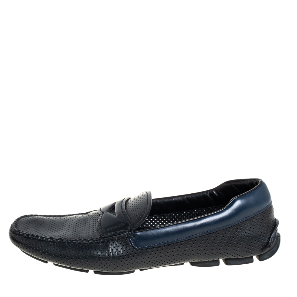 

Prada Black/Blue Perforated Leather Penny Slip On Loafers Size