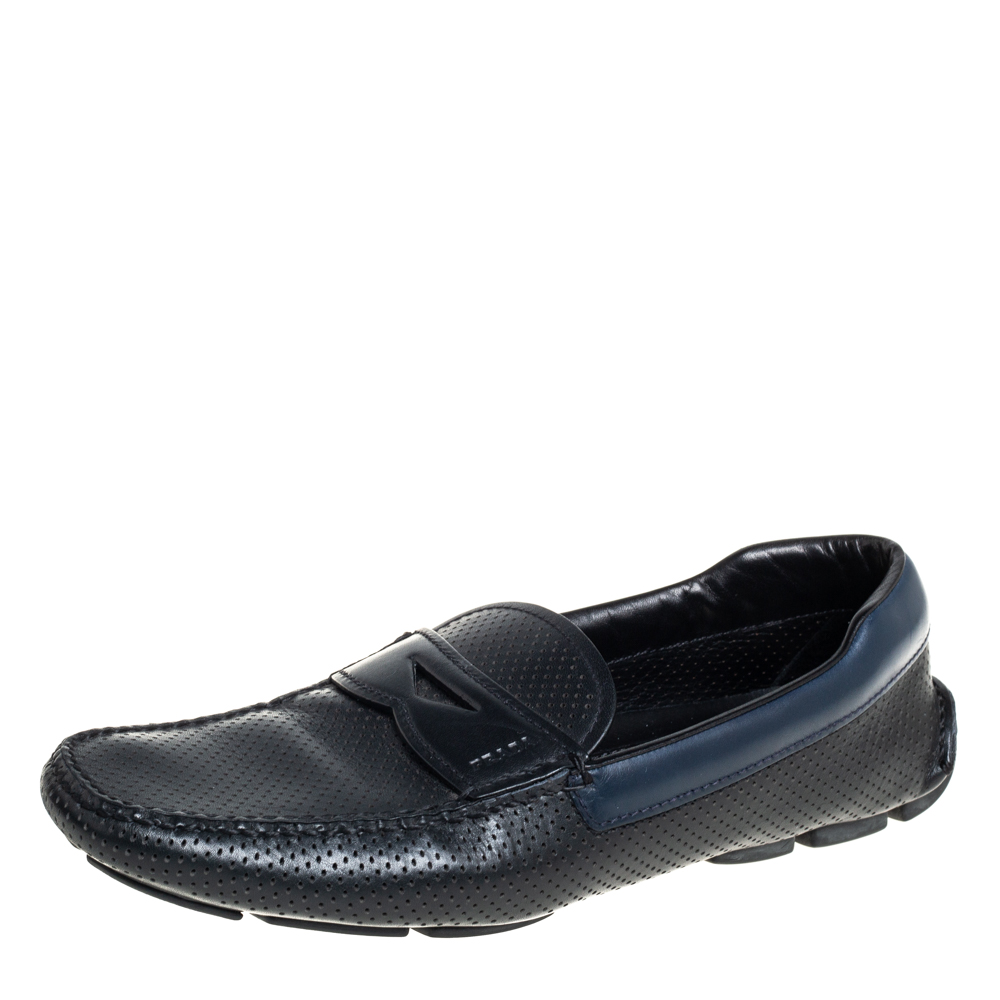 Pre-owned Prada Black/blue Perforated Leather Penny Slip On Loafers Size 41