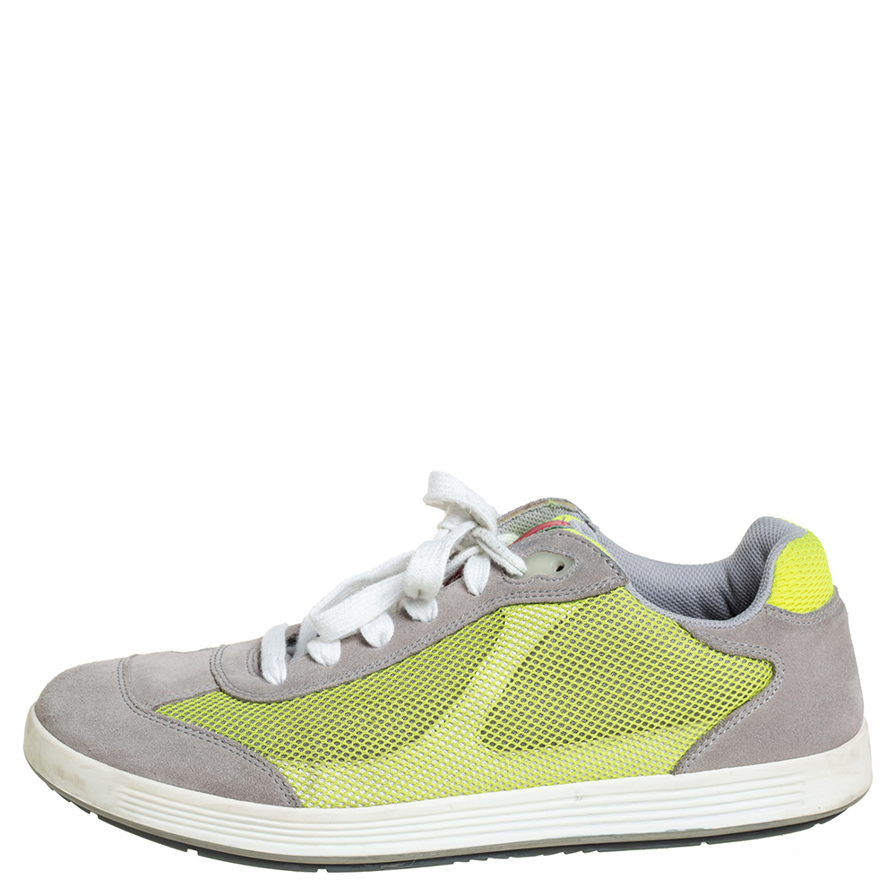 

Prada Grey/Neon Green Suede and Mesh Lace Up Low Top Sneakers Size