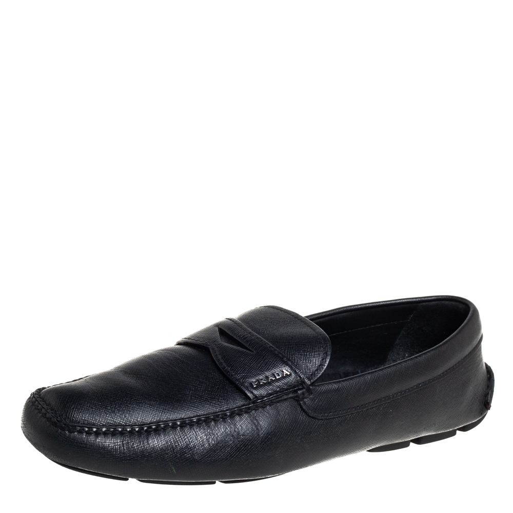 Pre-owned Prada Black Leather Slip On Loafers Size 44