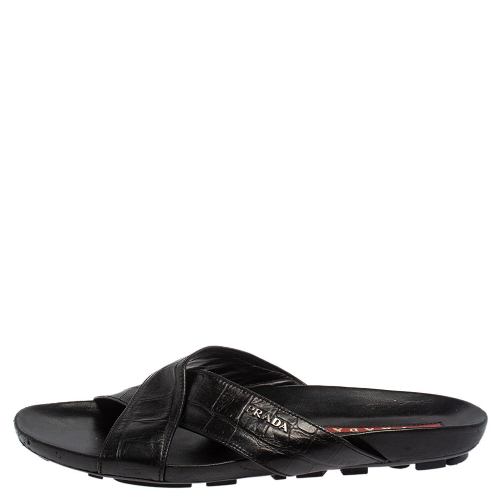 

Prada Black Croc Embossed Leather Criss Cross Slide Sandals Size