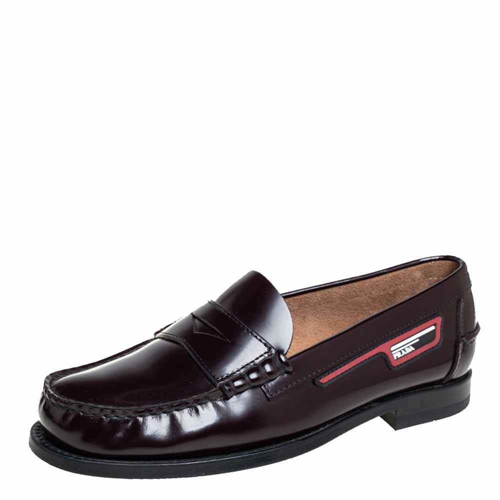 Pre-owned Prada Burgundy Leather Penny Slip On Loafers Size 40