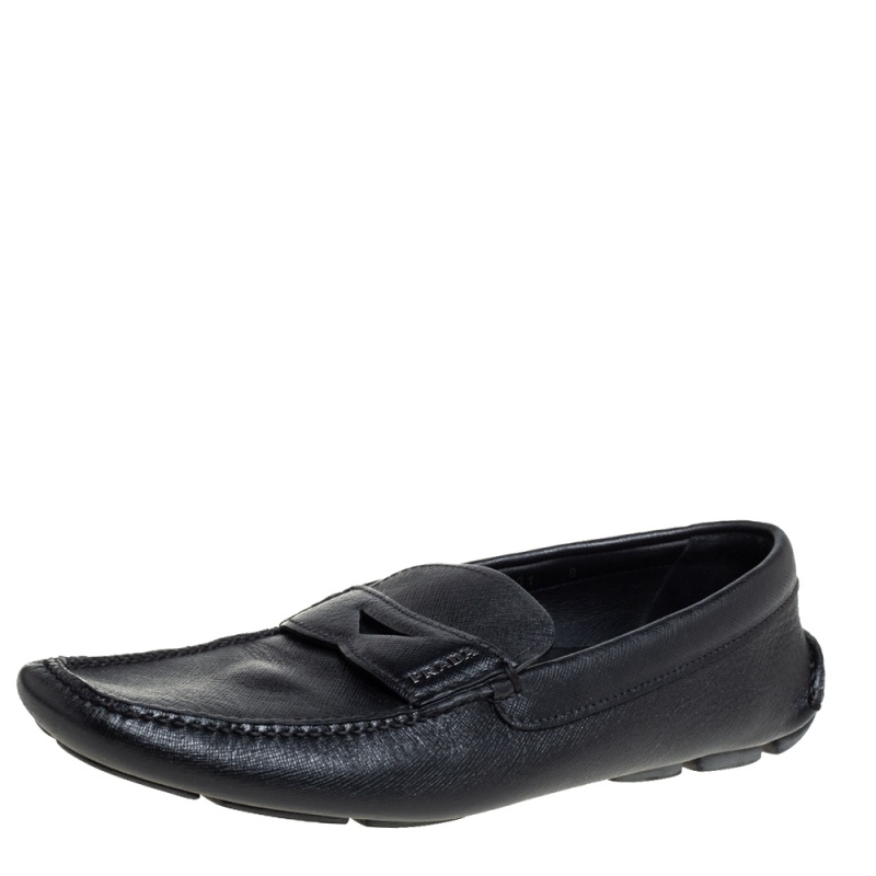 Pre-owned Prada Black Leather Driving Loafers Slze 42
