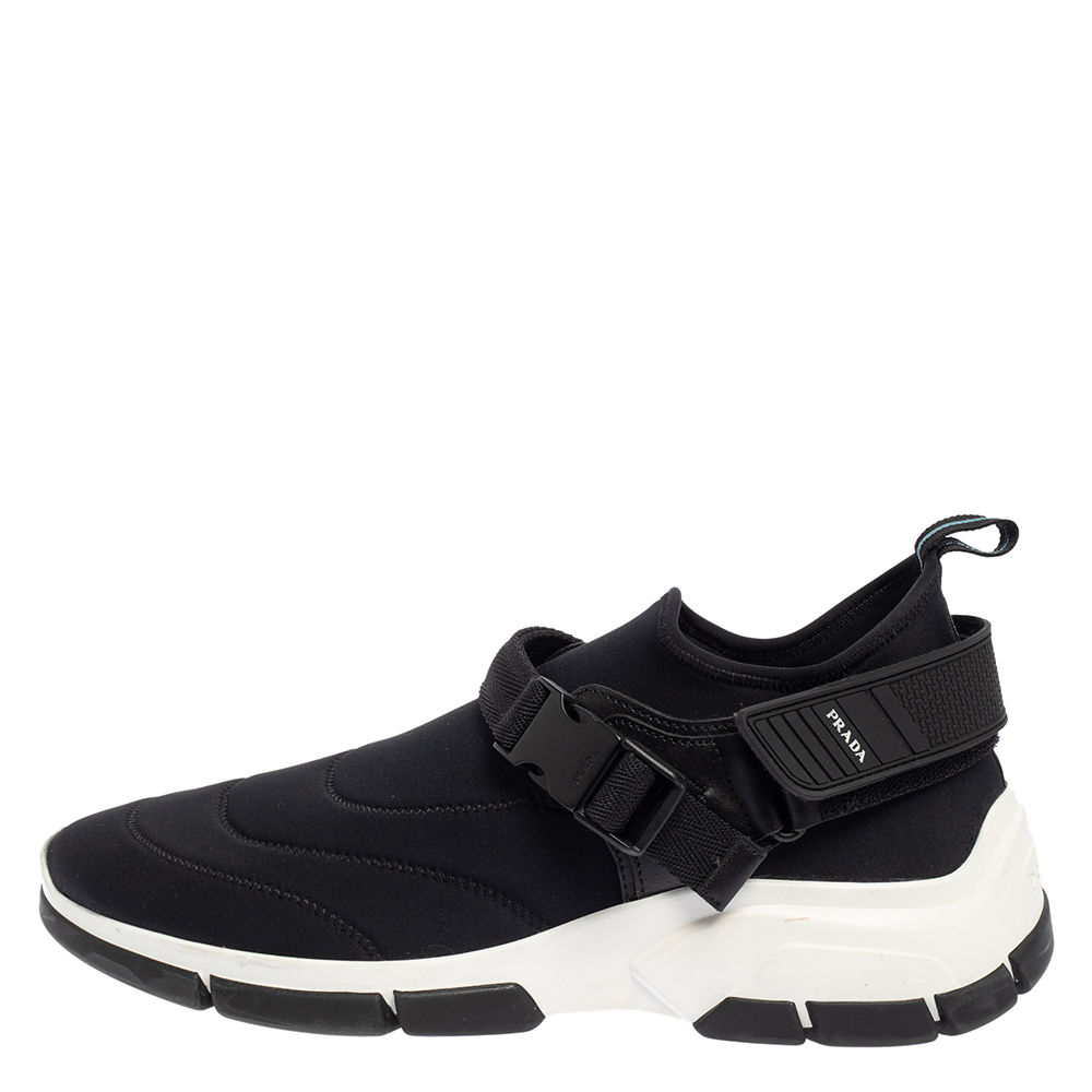 

Prada Black Neoprene Buckle Detail Sneakers Size