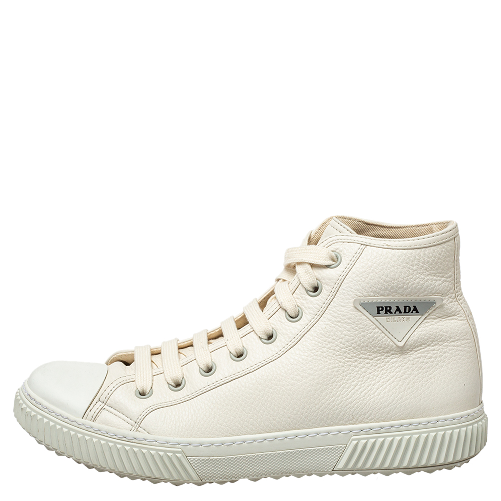 

Prada White Leather Cap Toe Logo Patch High Top Sneakers Size