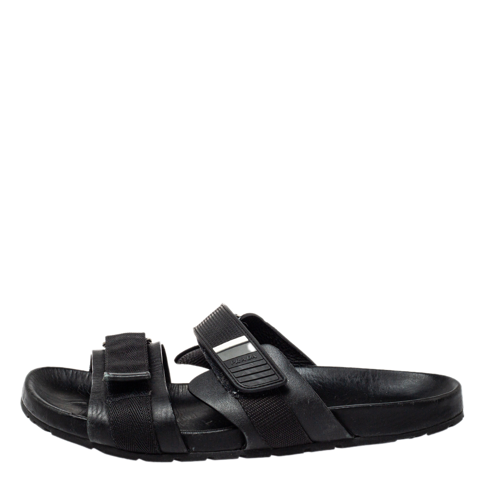 

Prada Black Nylon And Leather Velcro Strap Flat Sandals Size