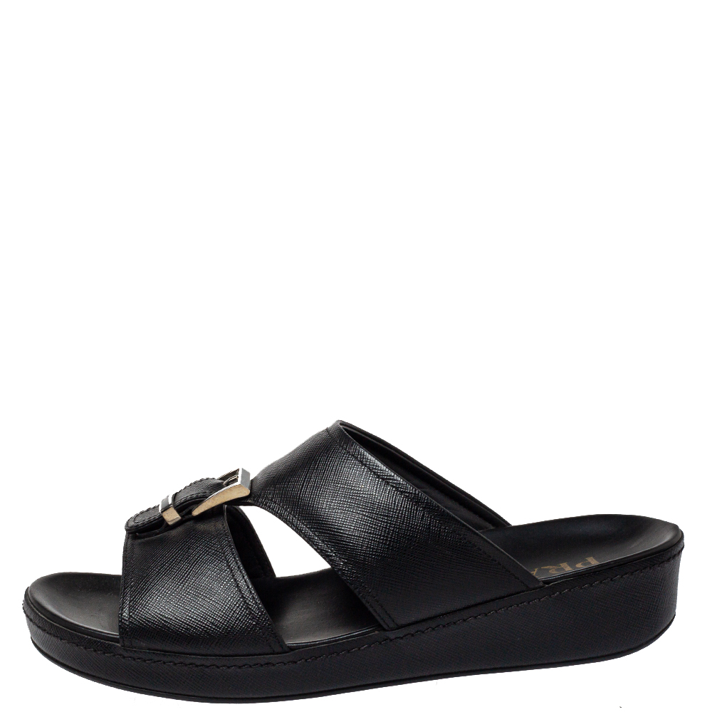 

Prada Black Leather Buckle Slide Flat Sandals Size