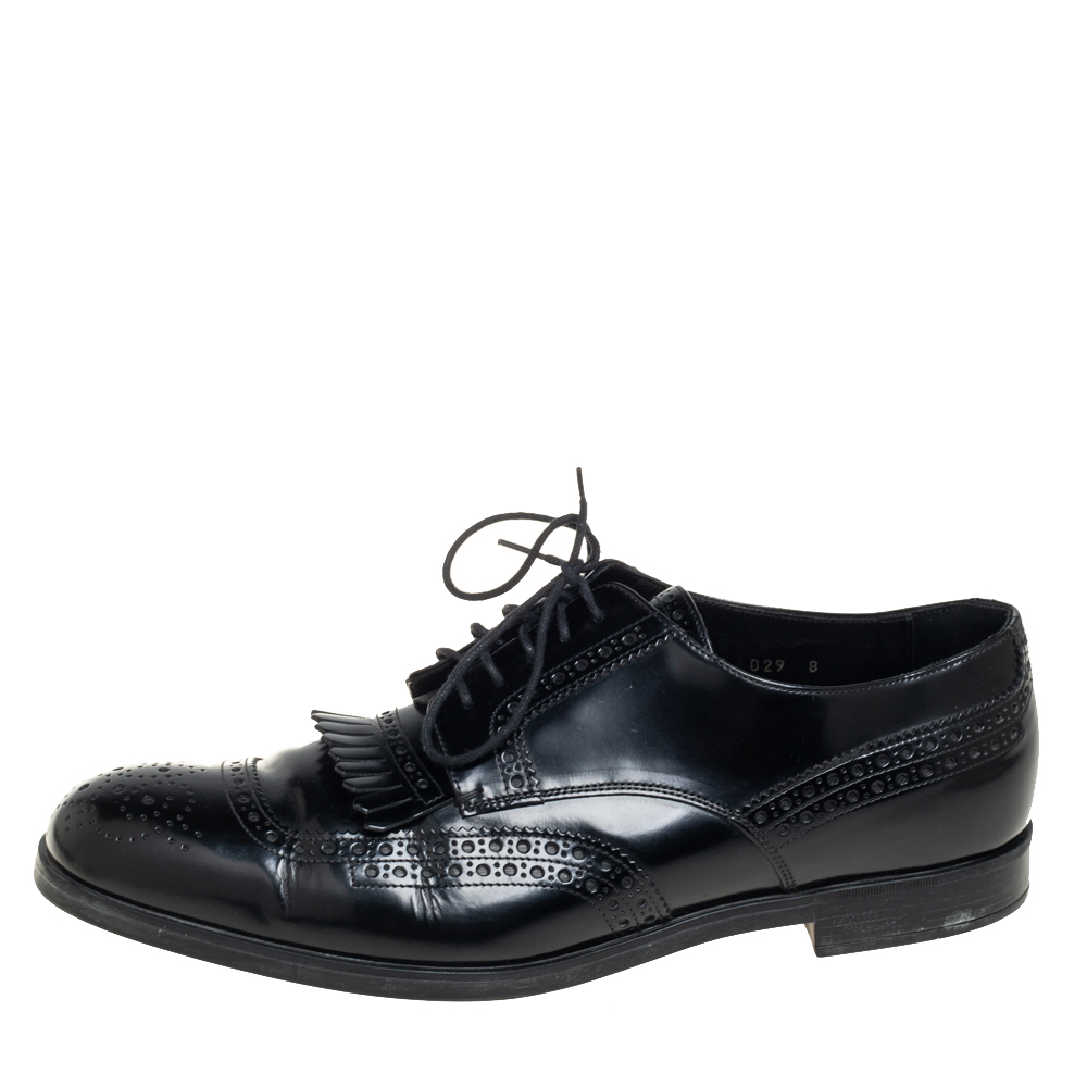 

Prada Black Leather Fringe Detail Lace Up Derby Size