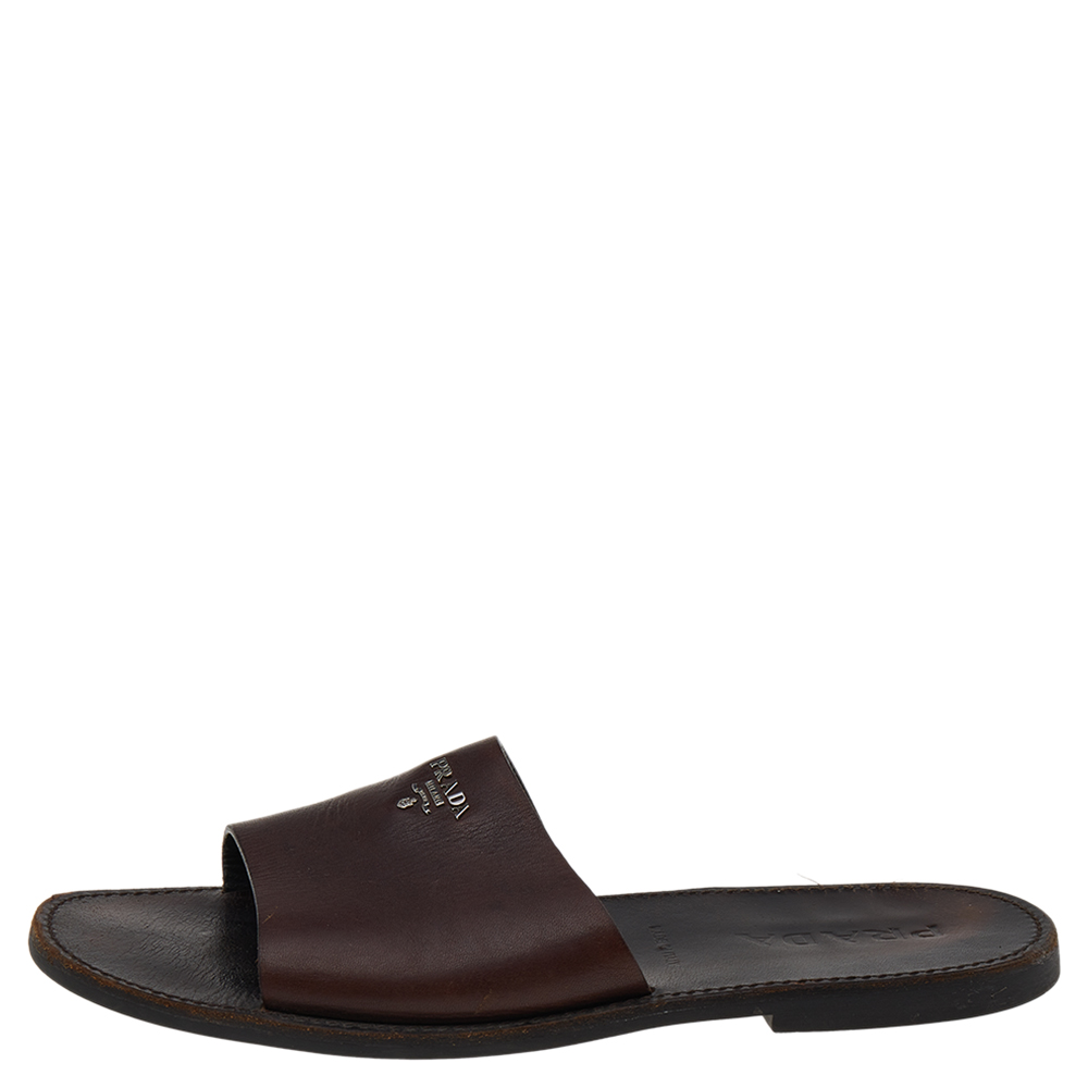 

Prada Dark Brown Leather Slide Flat Sandals Size