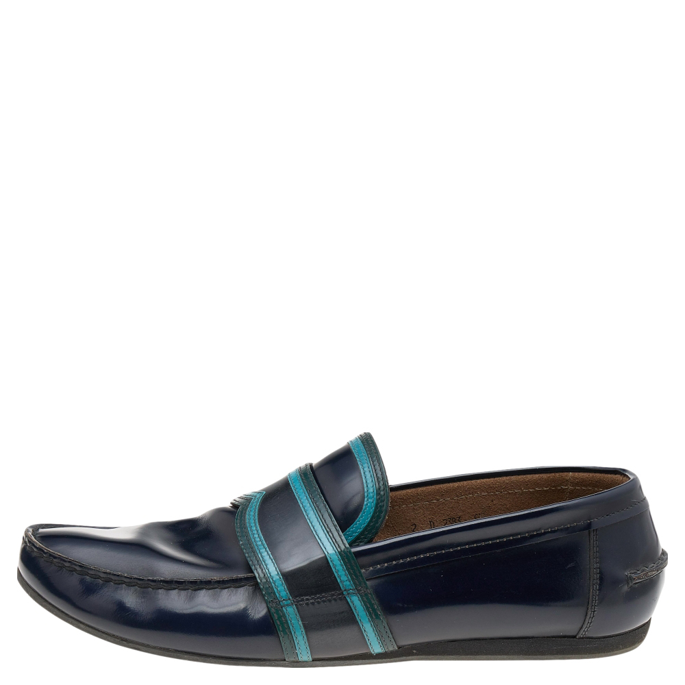 

Prada Dark Blue Leather Penny Sip On Loafers Size