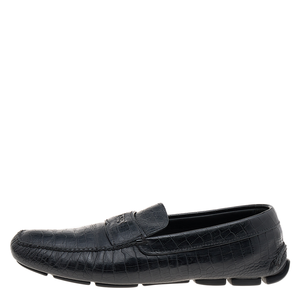 

Prada Black Croc Embossed Leather Penny Slip On Loafers Size