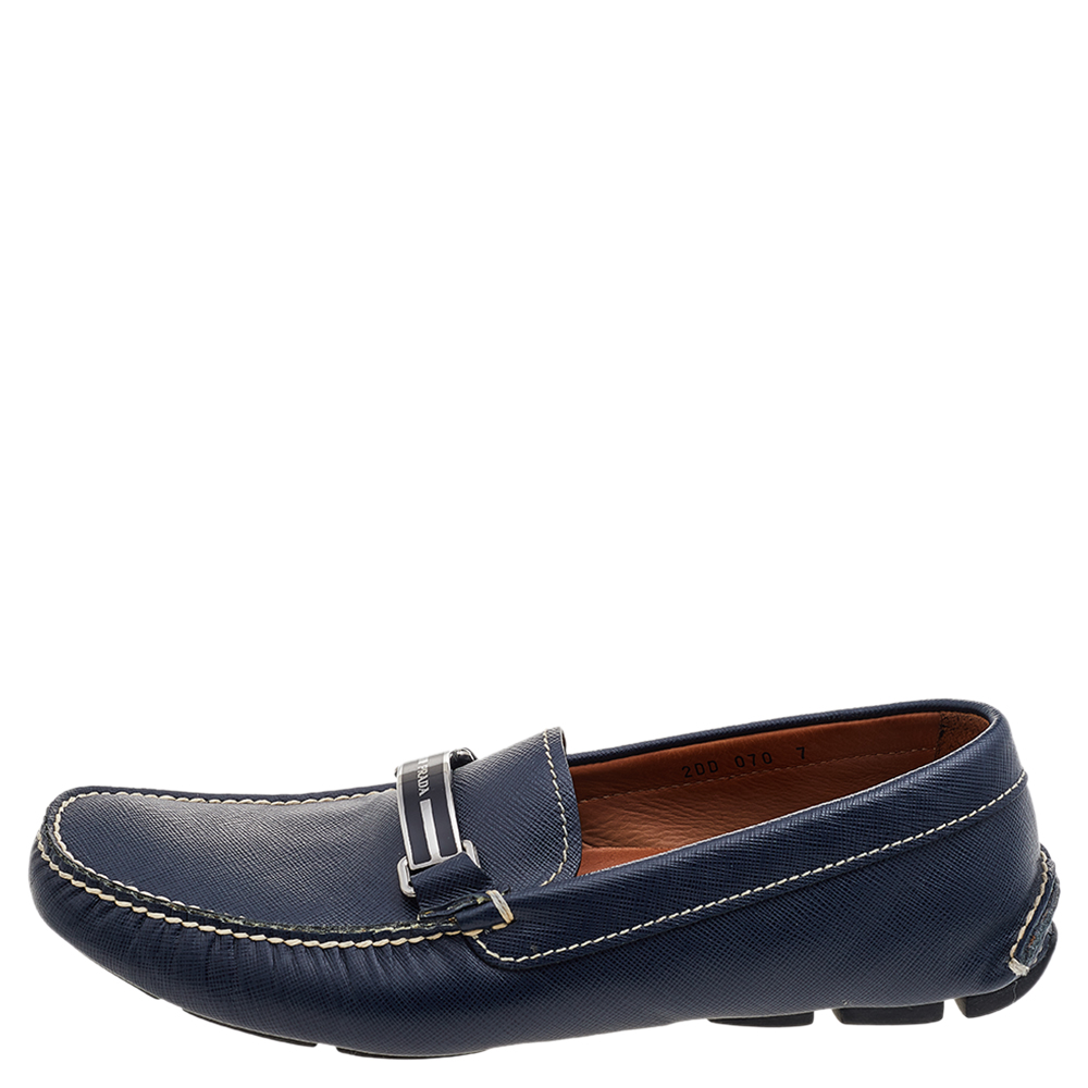 Prada Blue Saffiano Leather Slip On Loafers Size